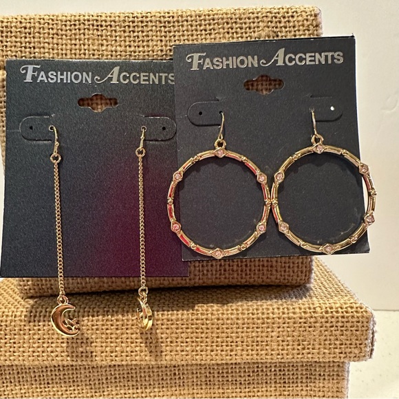 NWT 2 Pair of Fashion Accents Earrings gold tone dangles, moon, rhinestones - Picture 2 of 12